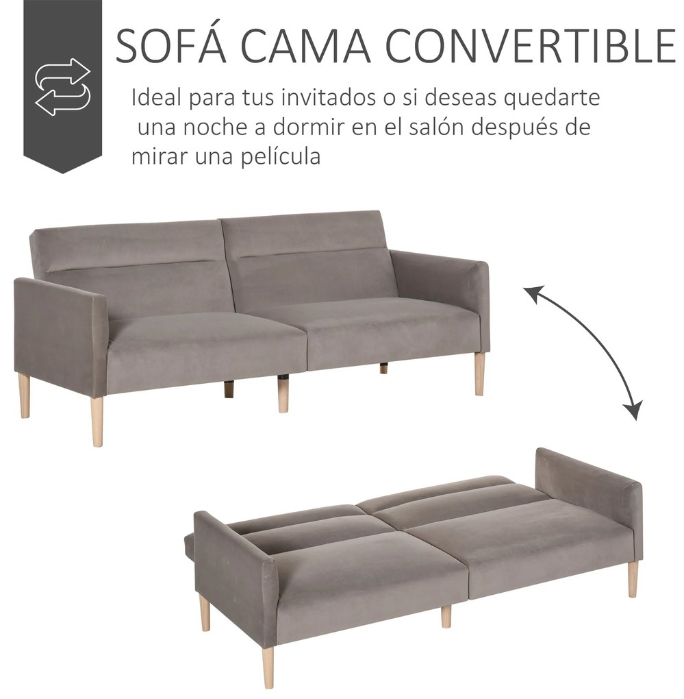 HOMCOM Sofá-Cama Convertível e Reclinável com Apoios de Braços e 2 Encostos Ajustáveis ​​Separadamente em 3 Posições Aveludado 196x85x82 cm Cinza