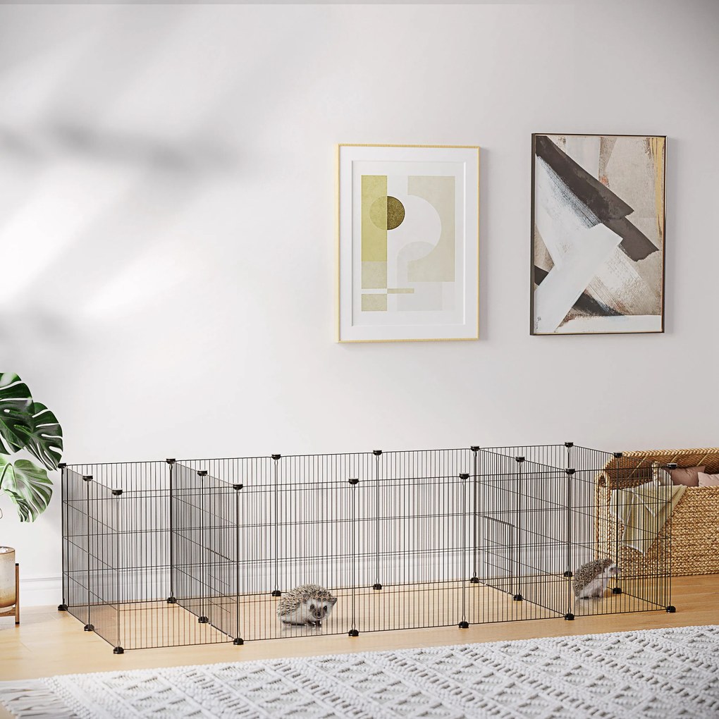 Recinto modular para pequenos animais (coelhos, roedores, cachorrinhos) – 18 painéis de arame de aço, 2 portas, 175 x 70 x 45, preto