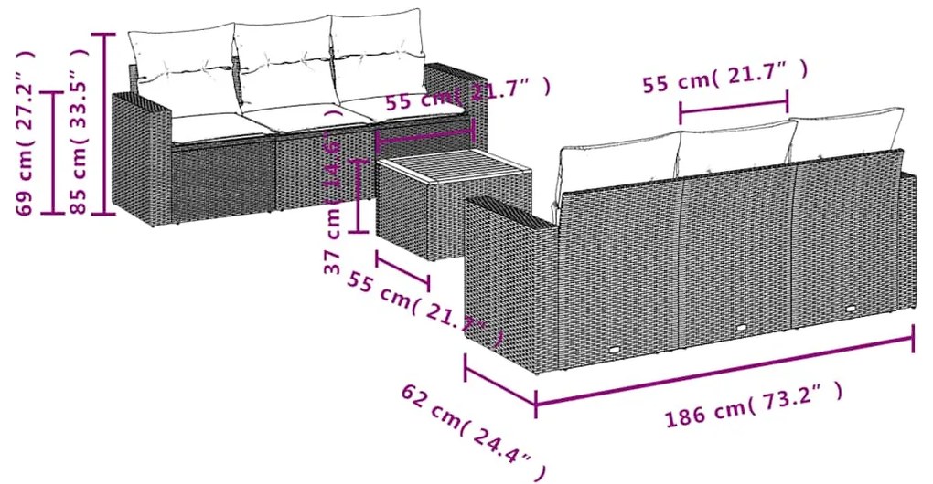 7 pcs conjunto de sofás p/ jardim c/ almofadões vime PE preto