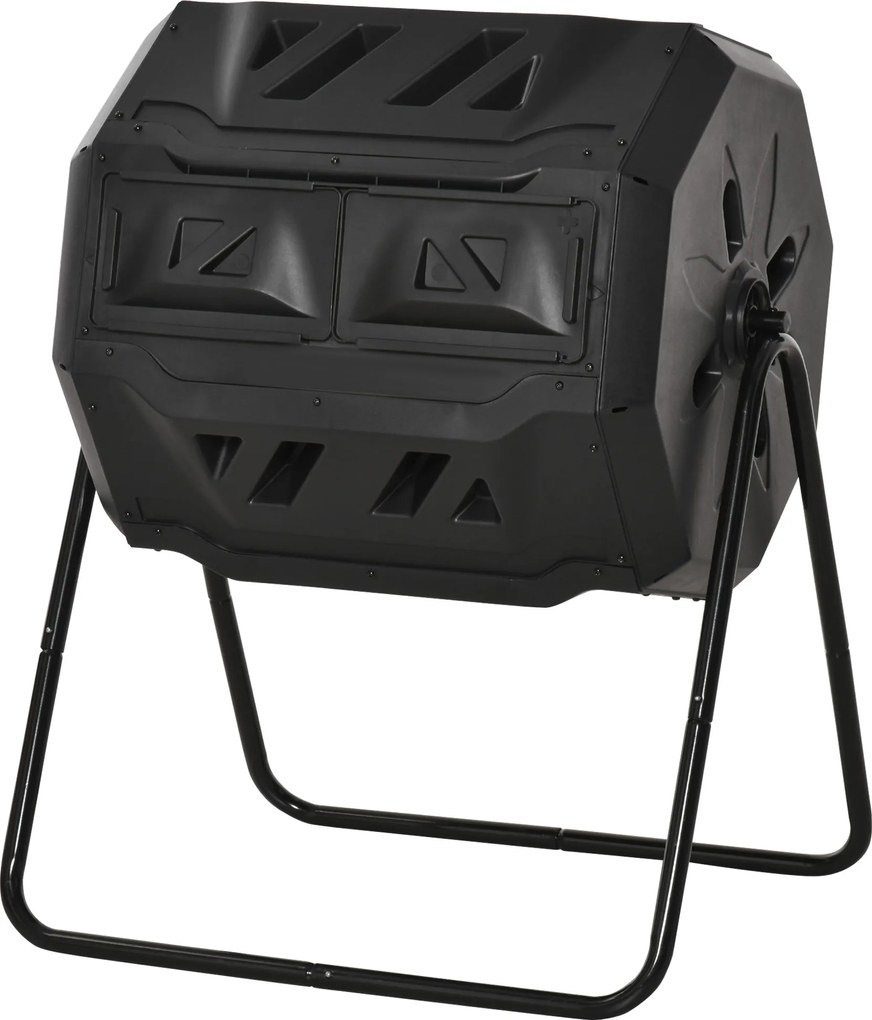 Compostor de jardim - Caixote de compostagem para resíduos - Rotativo a 360° - Dupla câmara 160 L - Aço PP preto