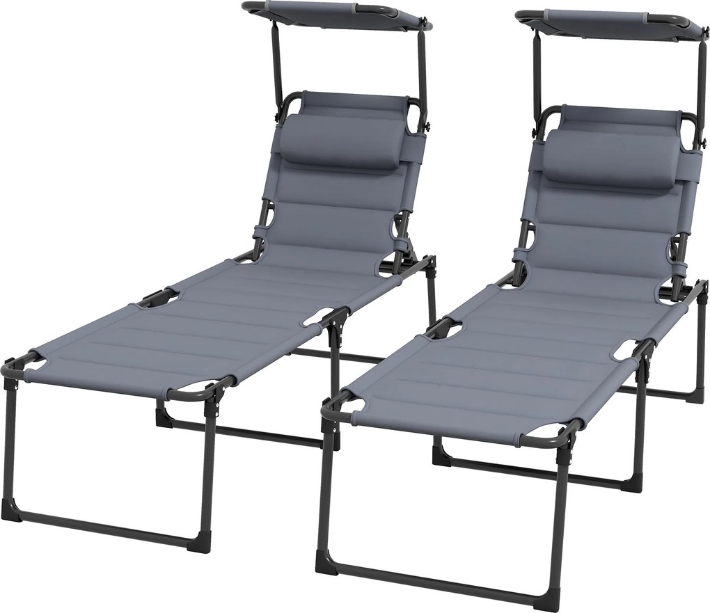 Conjunto de 2 espreguiçadeiras dobráveis de grande conforto, com encosto e capota ajustáveis em várias posições, cinza