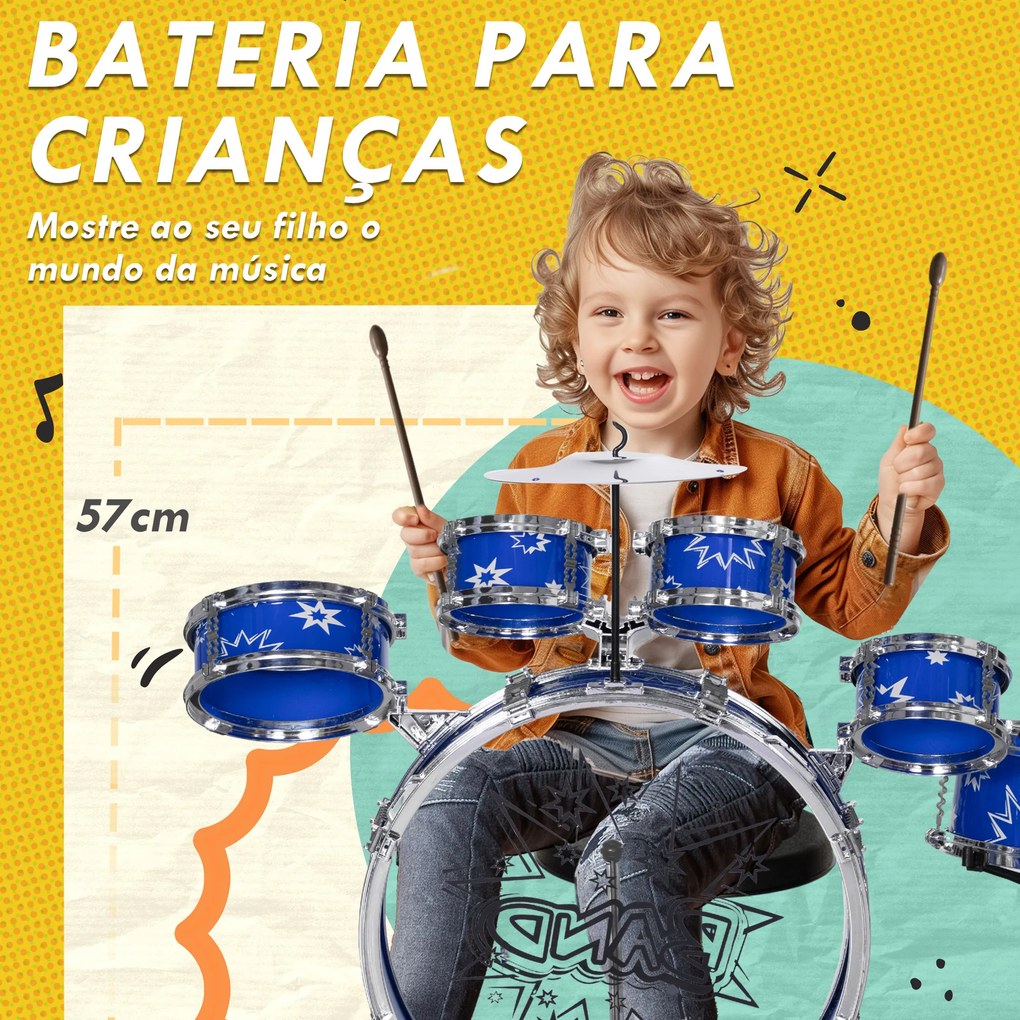 Bateria Infantil com Banco Bateria para Crianças acima de 3 Anos com Pedal e Baqueta Desenho de Estrelas 65x22x57 cm Azul