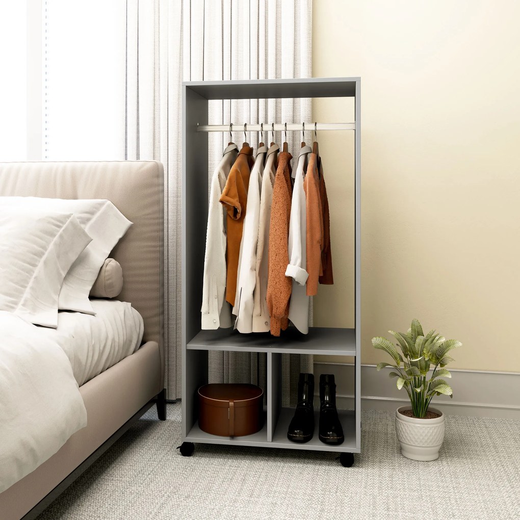 Guarda roupa aberto com prateleiras 60 x 40 x 128 cm, 2 compartimentos abertos para cabides, 4 rodas giratórias, cinzento
