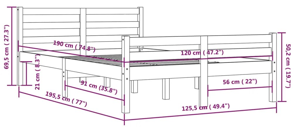 Estrutura de cama pequena casal 120x190 cm pinho maciço