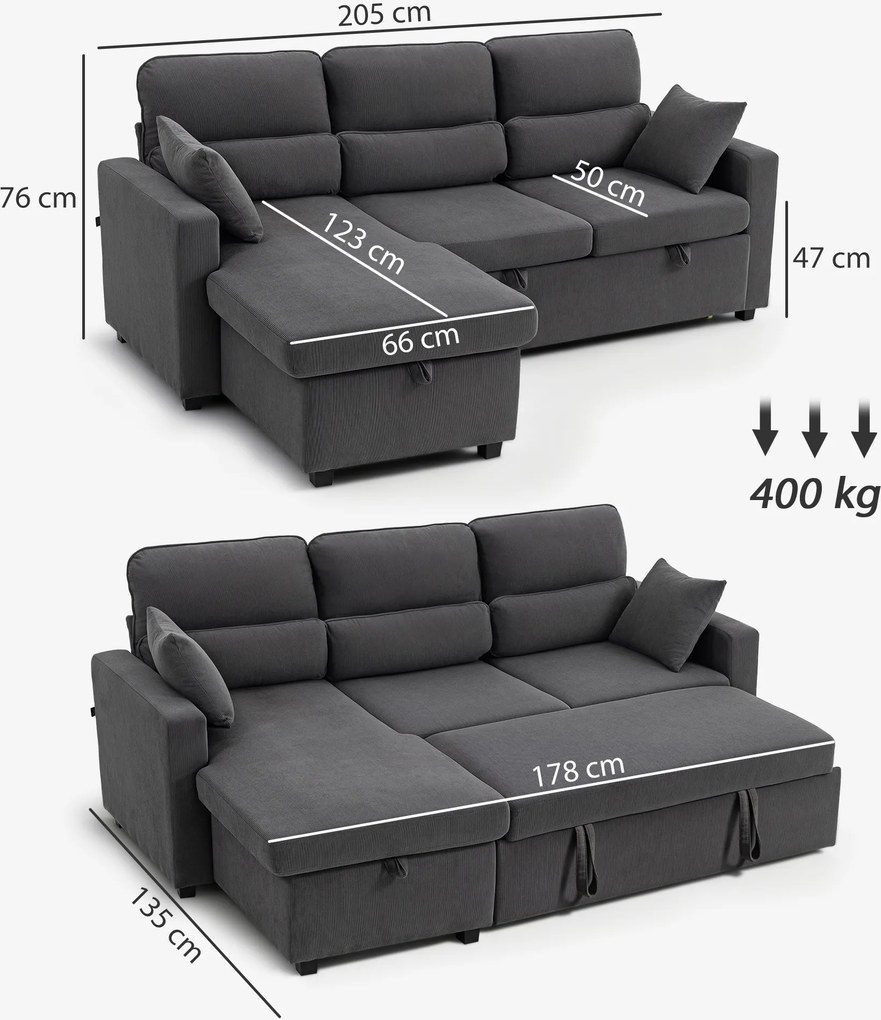Sofá de canto convertível 205 x 135 x 76 cm em veludo canelado, sofá-cama de 3 lugares com arrumação oculta, almofadas, cinzento