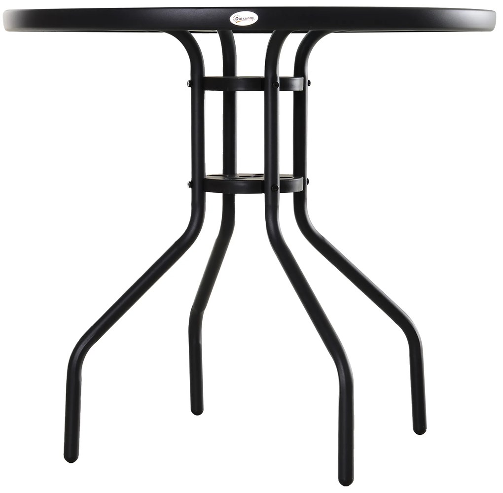 Outsunny Mesa de Jardim Redonda Mesa Sala de Jantar de Cristal Temperado com Orifício para Chapéu de Sol Estrutura Metálica para Pátio Terraço Exterior Ø80x72cm Preto