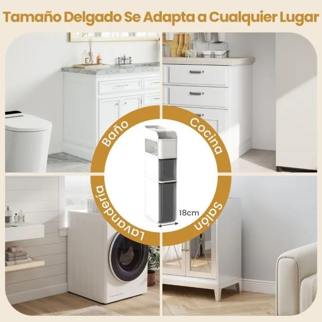 Armário de casa de banho em plástico com 4 prateleiras 43 x 18 x 88 cm, organizador de base estreita de 18 cm, com 2 gavetas e caixa para lenços, bran