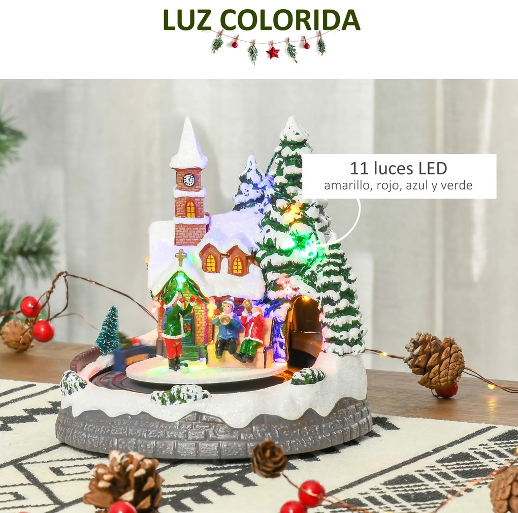 HOMCOM Aldeia de Natal com Luzes LED Trem Giratório e Música Decoração de Natal 19,3x17,9x20,2cm Multicor