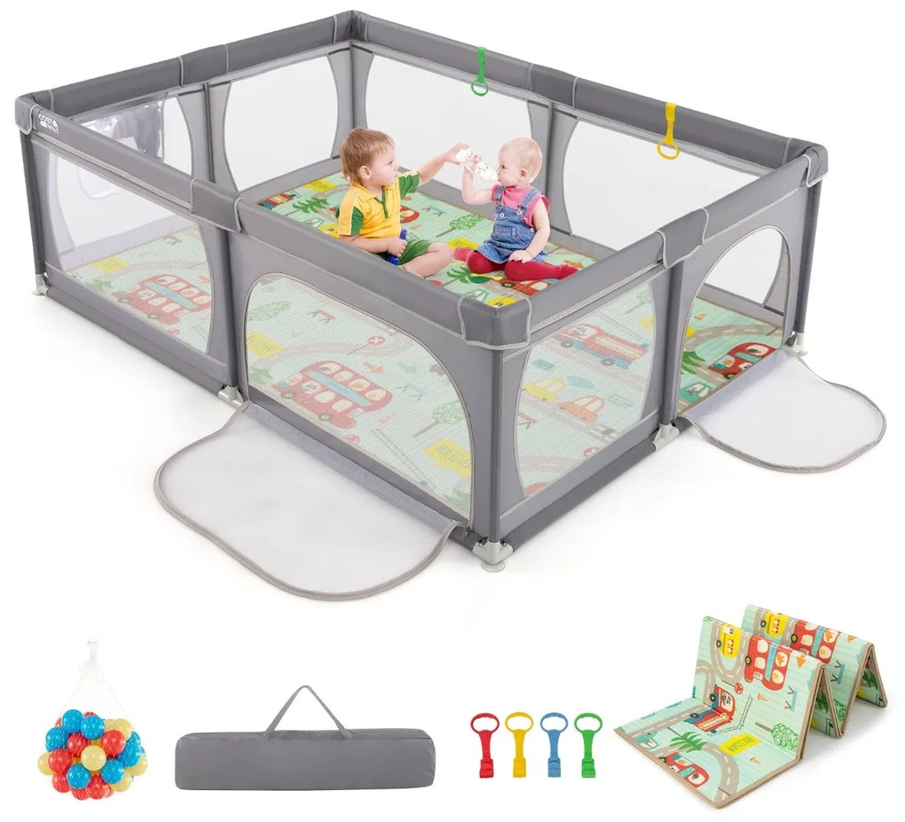 Parque infantil com tapete de jogos Centro de actividades estável não tóxico com bolas Rede respirável com fecho de correr 206 x 147 x 68,5 cm Cinzent