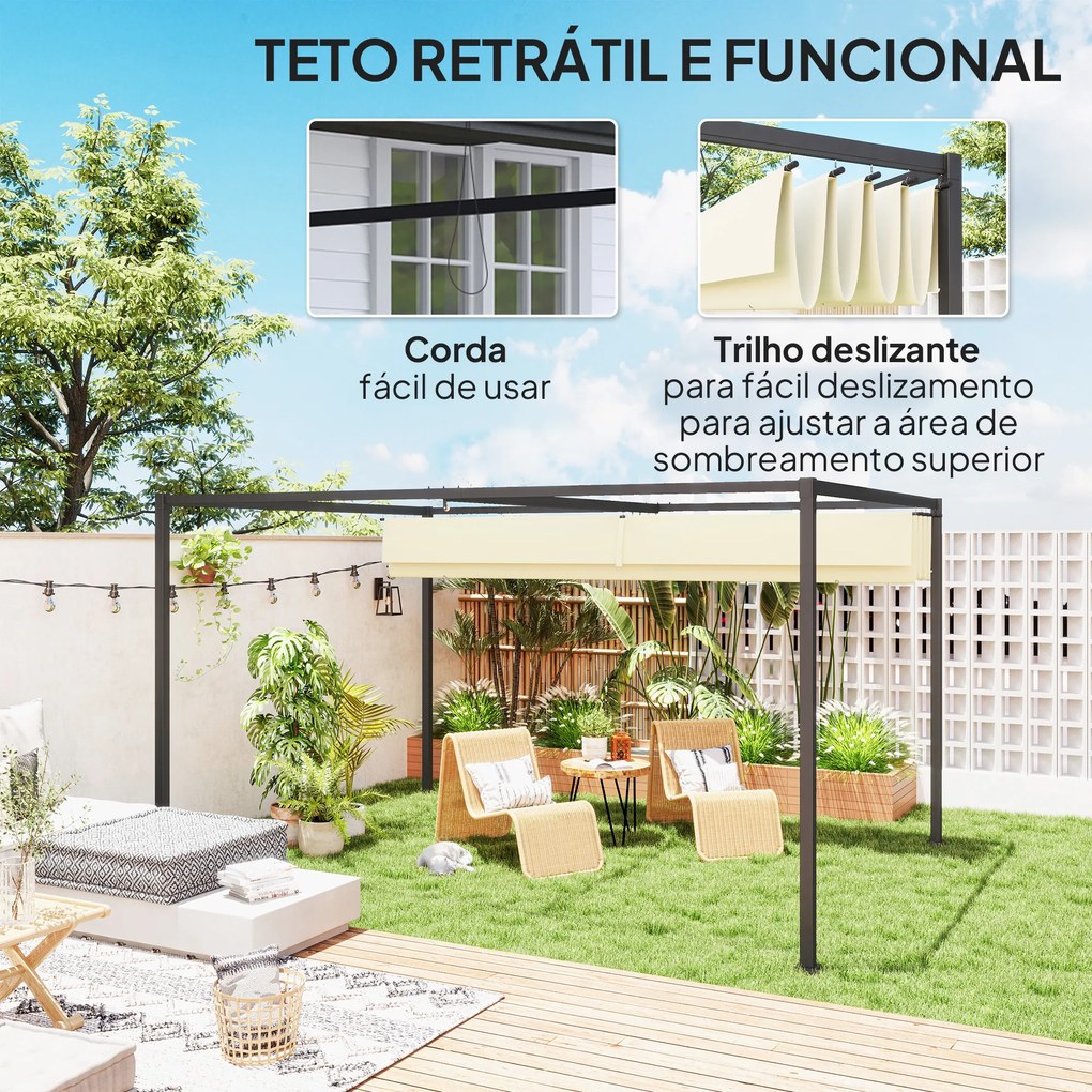 Pérgola 400x300x222 cm Pérgola de Jardim com Teto Retrátil de Poliéster com Revestimento para Celebrações Festas Casamento Creme