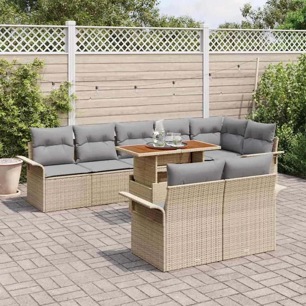 Conjunto de Jantar de Jardim 9 Peças com Almofadas em Rattan Poliéster
