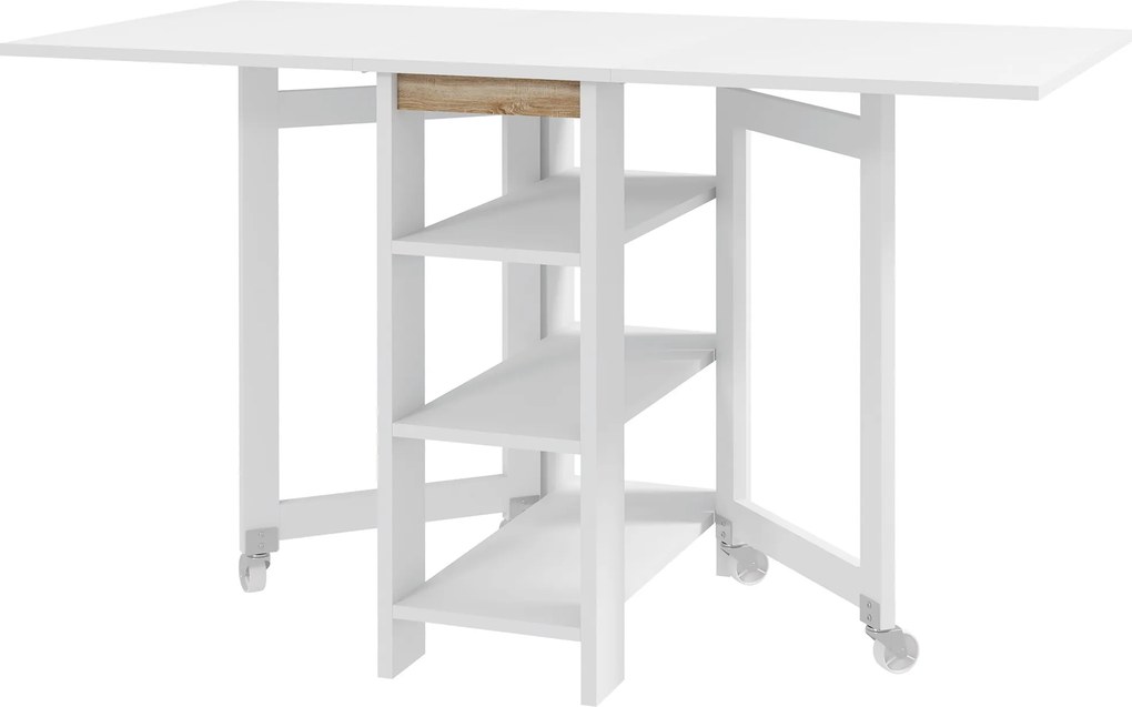 Mesa Dobrável com Asas Dobráveis Mesa de Cozinha com 2 Rodas e Prateleiras Estilo Moderno 120x60x75 cm Branco