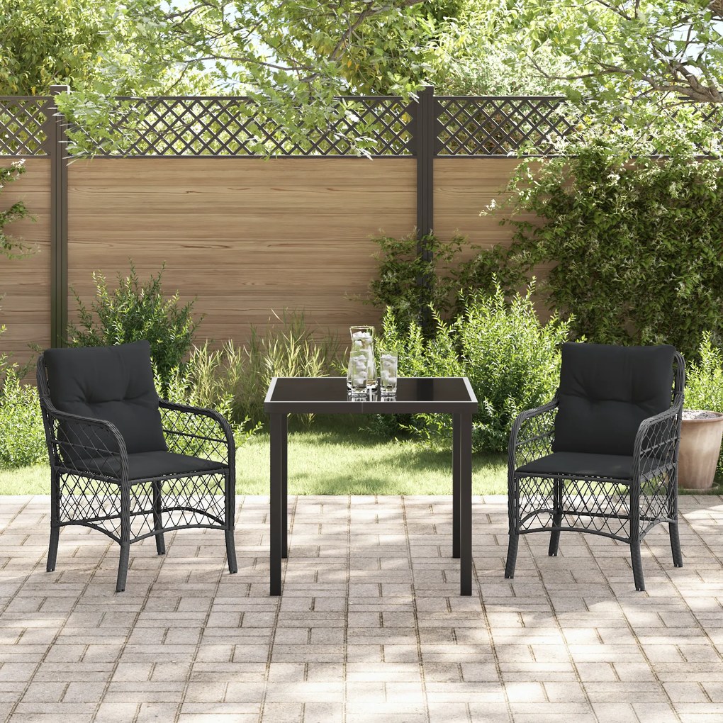 Conjunto de Jantar de Jardim 3 Peças com Almofadas Preto Rattan Poliés