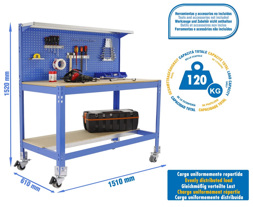Bancada de Trabalho SIMONWORK MOBILE BT3 1500 AZUL/MADEIRA Casa, Escritório, Garagem, Oficina Capacidade 120 Kg Dimensões 1520x1510x610 mm
