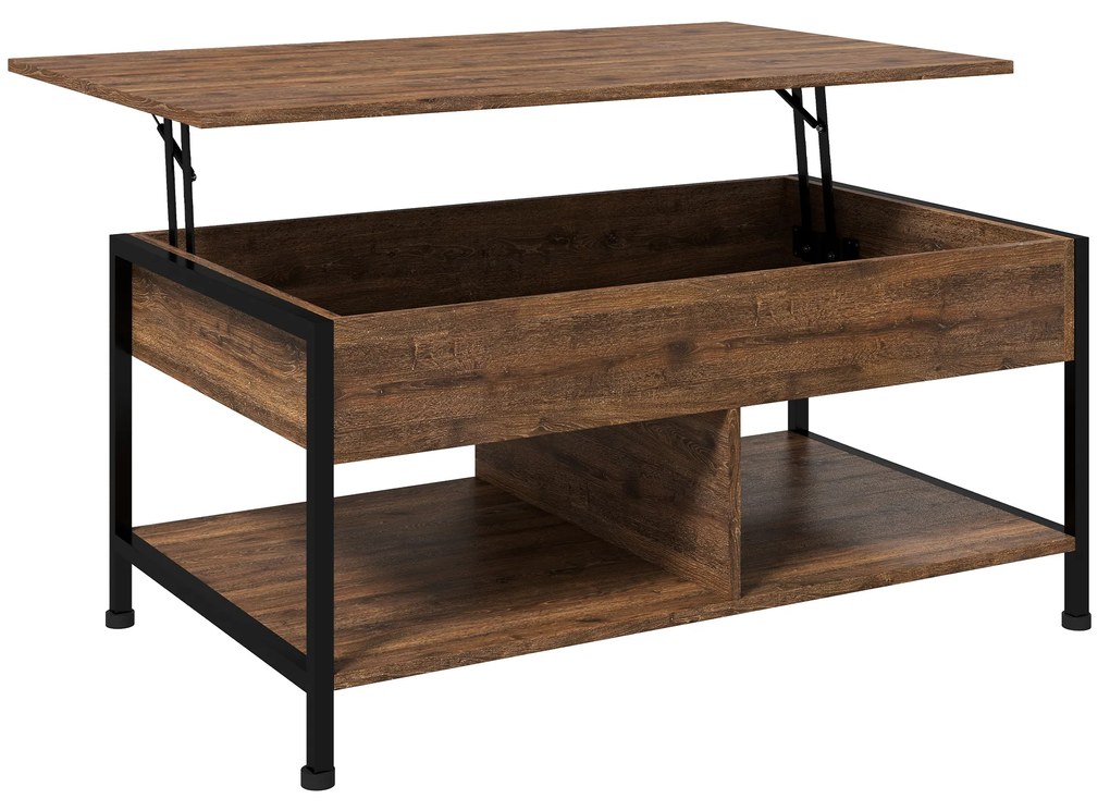 HOMCOM Mesa de Centro Elevável Mesa de Sala Compartimento Oculto 2 Prateleiras Inferiores 100x80x60 cm Marrom Rústico Preto | Aosom Portugal