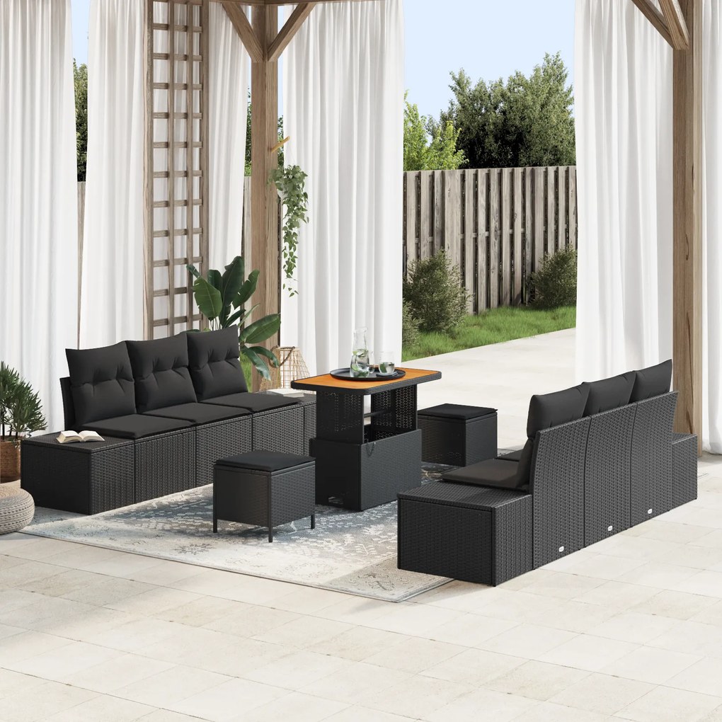 Conjunto de Sofás de Jardim com 9 Peças e Almofadas Preto Rattan Acáci