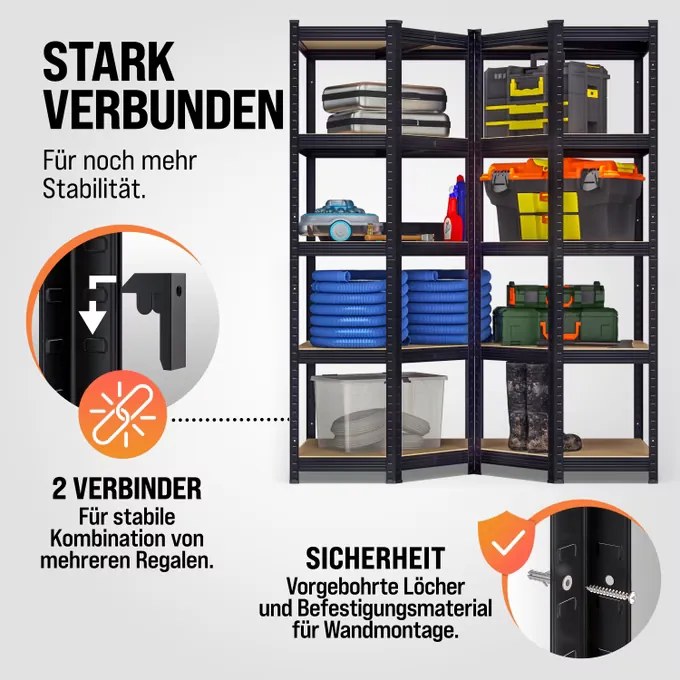 Estante em aço galvanizado para cargas pesadas até 875 kg, 180 x 70 x 40 cm Preto