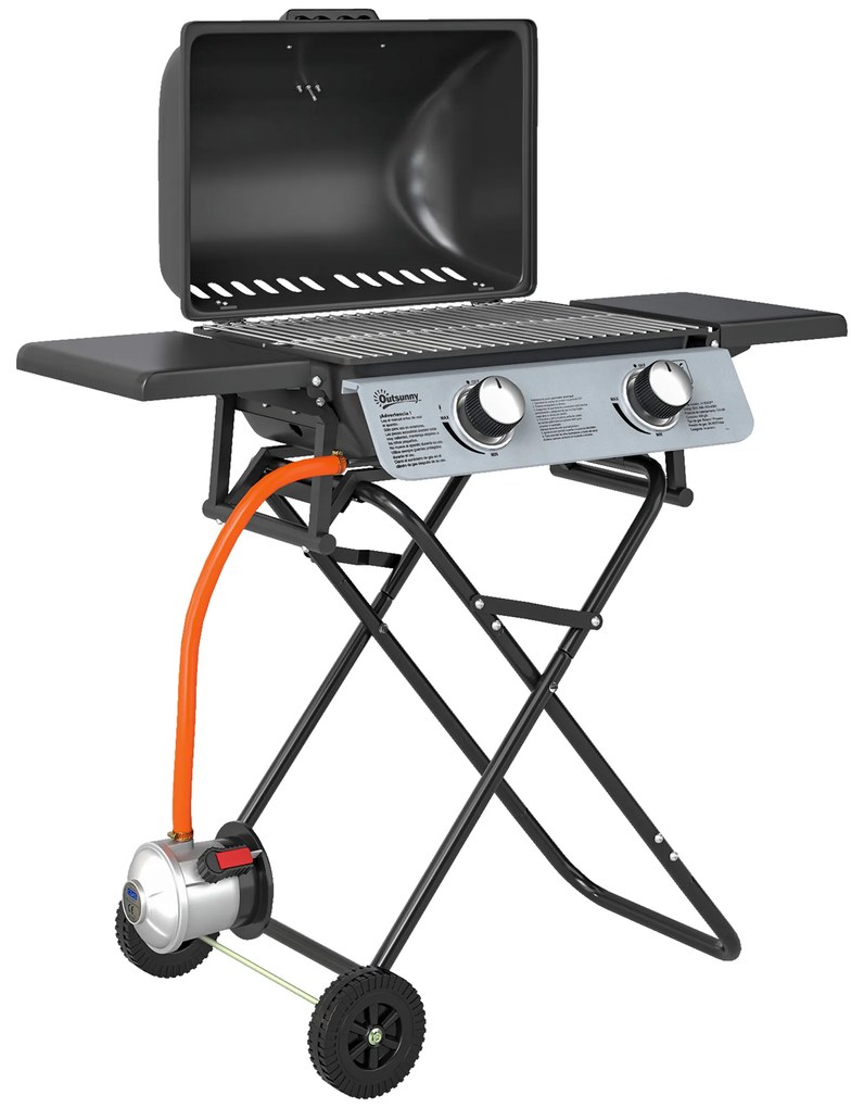 Outsunny Barbecue a Gás Portátil Dobrável com 2 Queimadores 3 KW Mesas Laterais Bandeja Removível Termómetro e 2 Rodas 101x50x102 cm Preto