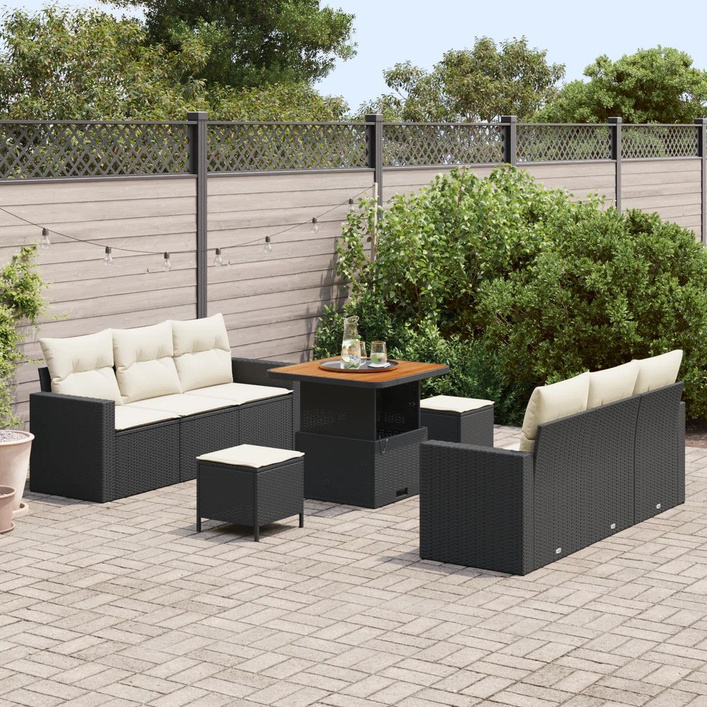 Conjunto de Sofá de Jardim 9 Peças com Almofadas Preto Poliratan Acáci