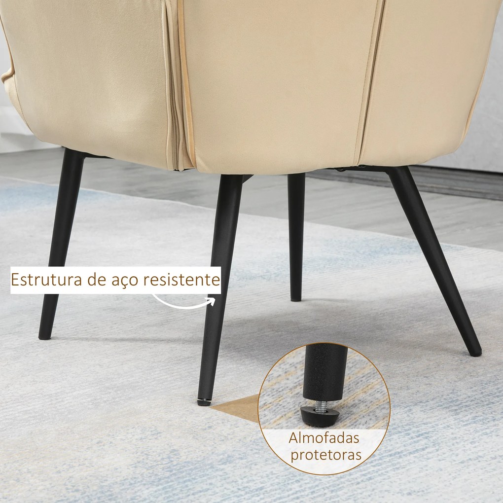 HOMCOM Poltrona Individual com Otomana Estofada em Veludo Poltrona de Sala de Estar com Encosto Alto Apoio para os Braços para Dormitório Escritório Carga Máxima 150kg 72x80x99cm Bege