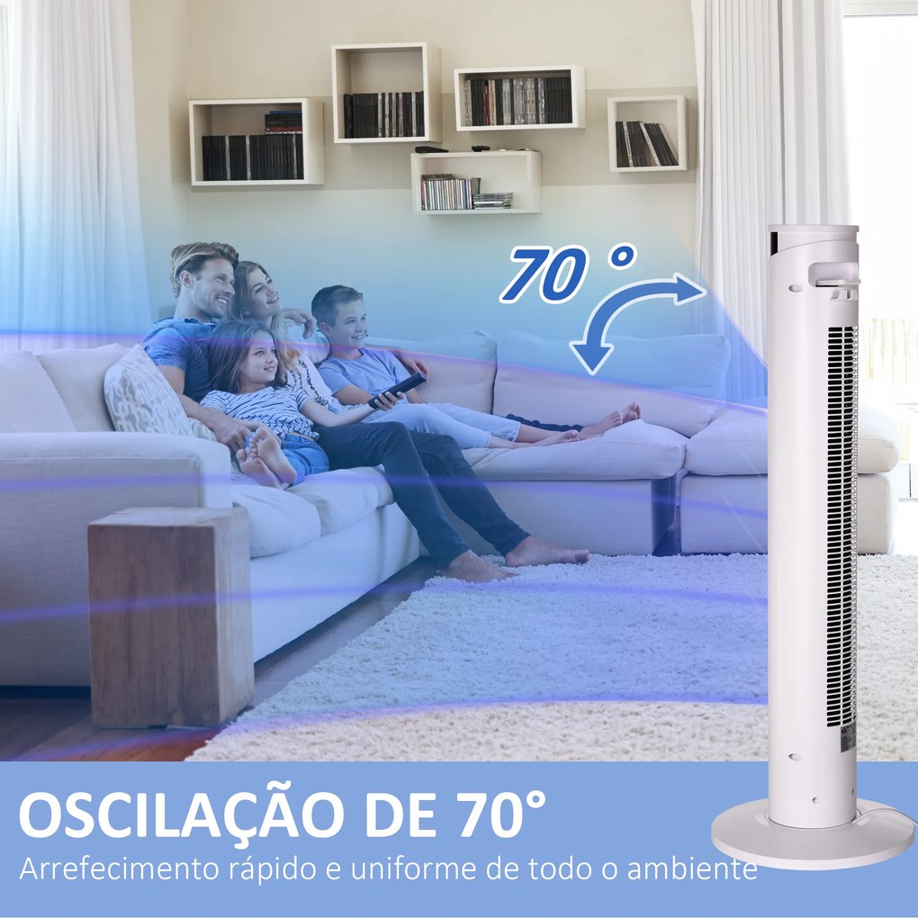 HOMCOM Ventoinha de Coluna Oscilante 45 W com Controlo Remoto Temporizador de 12h 3 Velocidades 3 Modos Ecrã LED e Alça de Transporte para Dormitório Ø31,5x93 cm Branco
