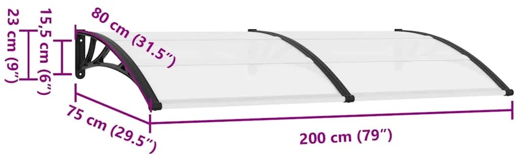Toldo para porta 200x75 cm PC preto e transparente