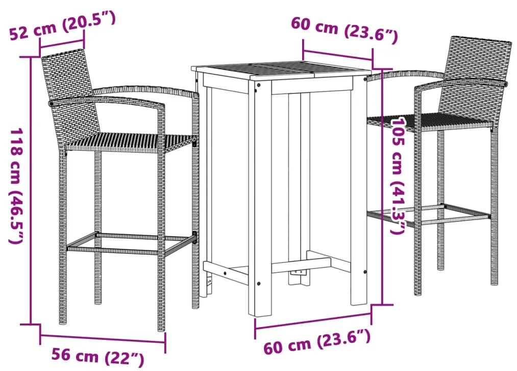 3 pcs conjunto de bar p/ jardim acácia maciça/vime PE castanho