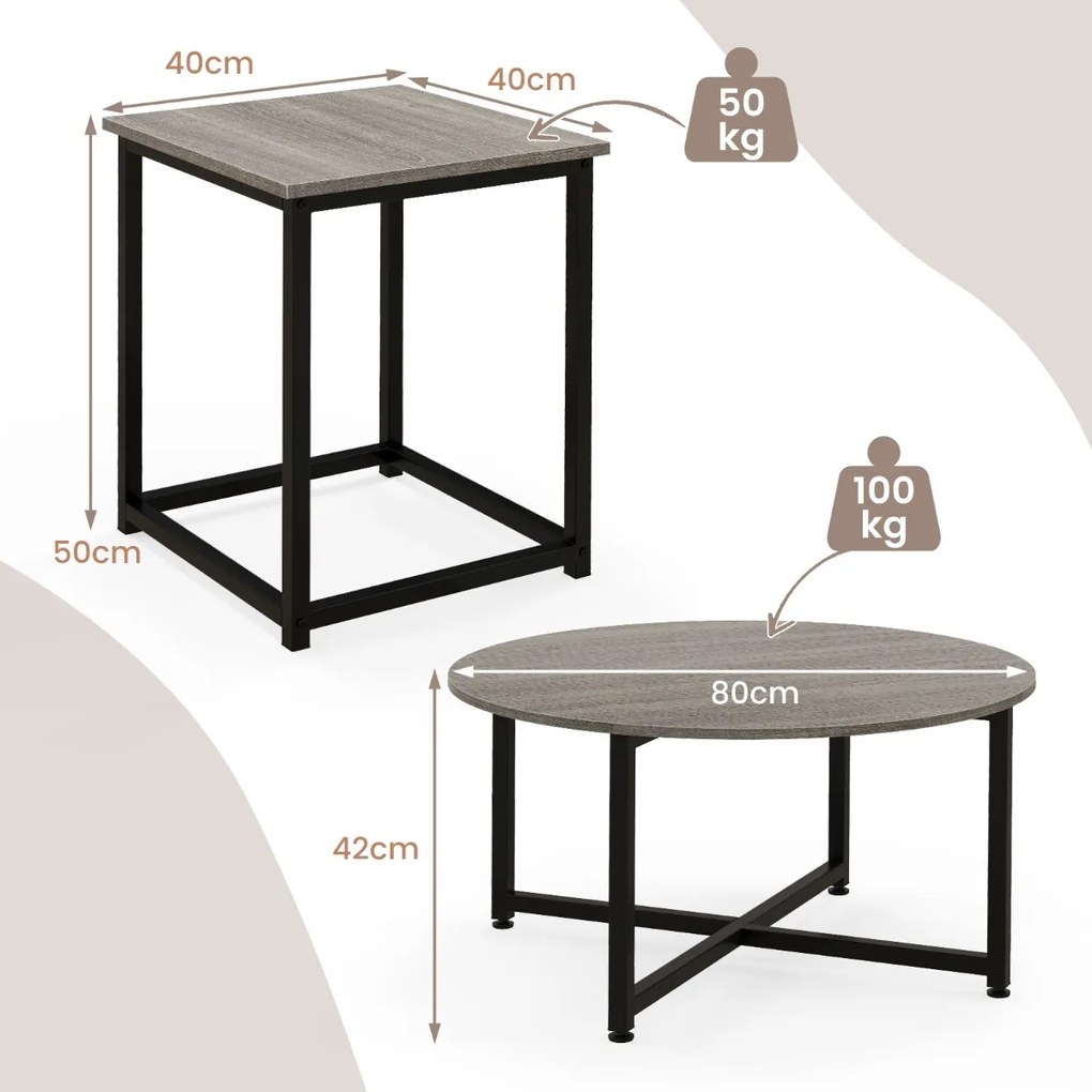 Conjunto de mesa de centro de 3 peças com estrutura de metal resistente - branco