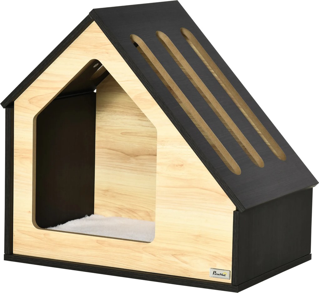 Pawhut Casinha para Cães Indoor com Almofada, Casinha com Telhado Inclinado para Cães/Gatos, para cães pequenos até 8 kg, 60 x 40 x 59,2 cm, Castanho | Aosom Portugal