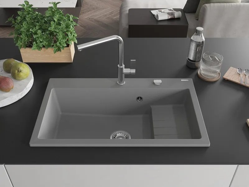 Mexen Omar lava-louça de granito de 1 cuba 800 x 480 mm, cinza, sifão cromado - 6520801005-71