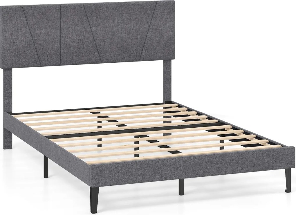 Estrutura de cama 140 x 200 cm (COLCHÃO NÃO INCLUIDO) com plataforma estofada, cabeceira geométrica ajustável em altura e ripas de madeira cinza