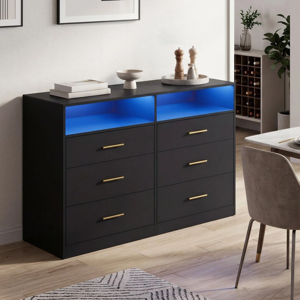 Cómoda com iluminação LED e base de carregamento 40 x 119 x 81,1 cm, 6 gavetas, moderna preta