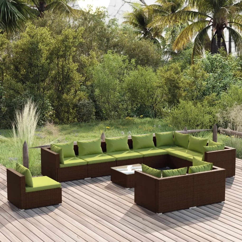 vidaXL 11 pcs conjunto lounge jardim c/ almofadões vime PE castanho
