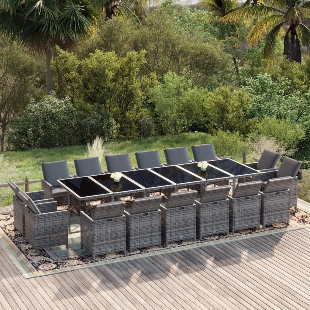 vidaXL 17 pcs conjunto jantar p/ jardim c/ almofadões vime PE cinzento