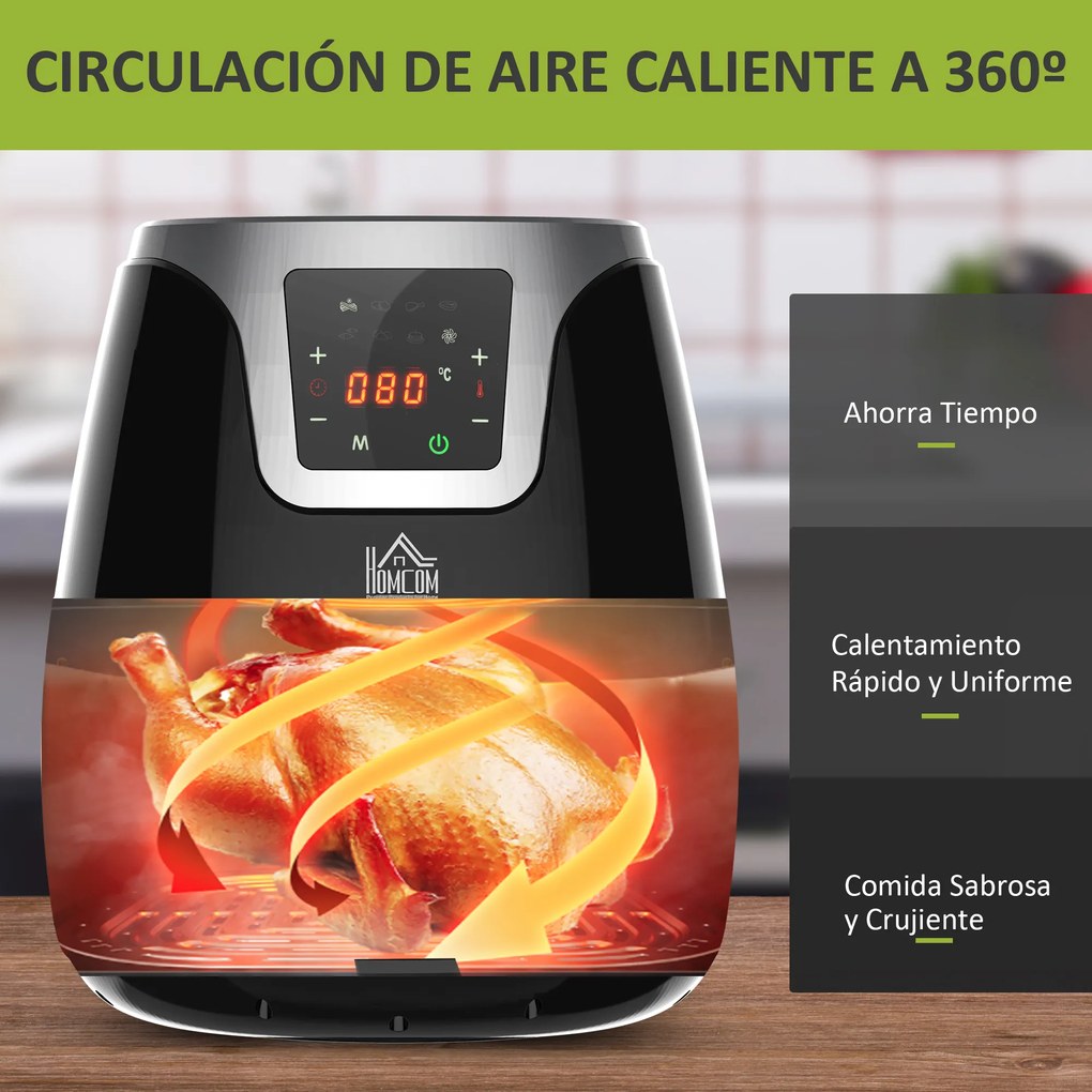 HOMCOM Fritadeira sem Óleo 3,5L Fritadeira de Ar Inteligente 15000W com Tela Tátil 7 Programas Temporizador Temperatura Ajustável e Desligamento Automático 34,4x28,1x30,6cm Preto