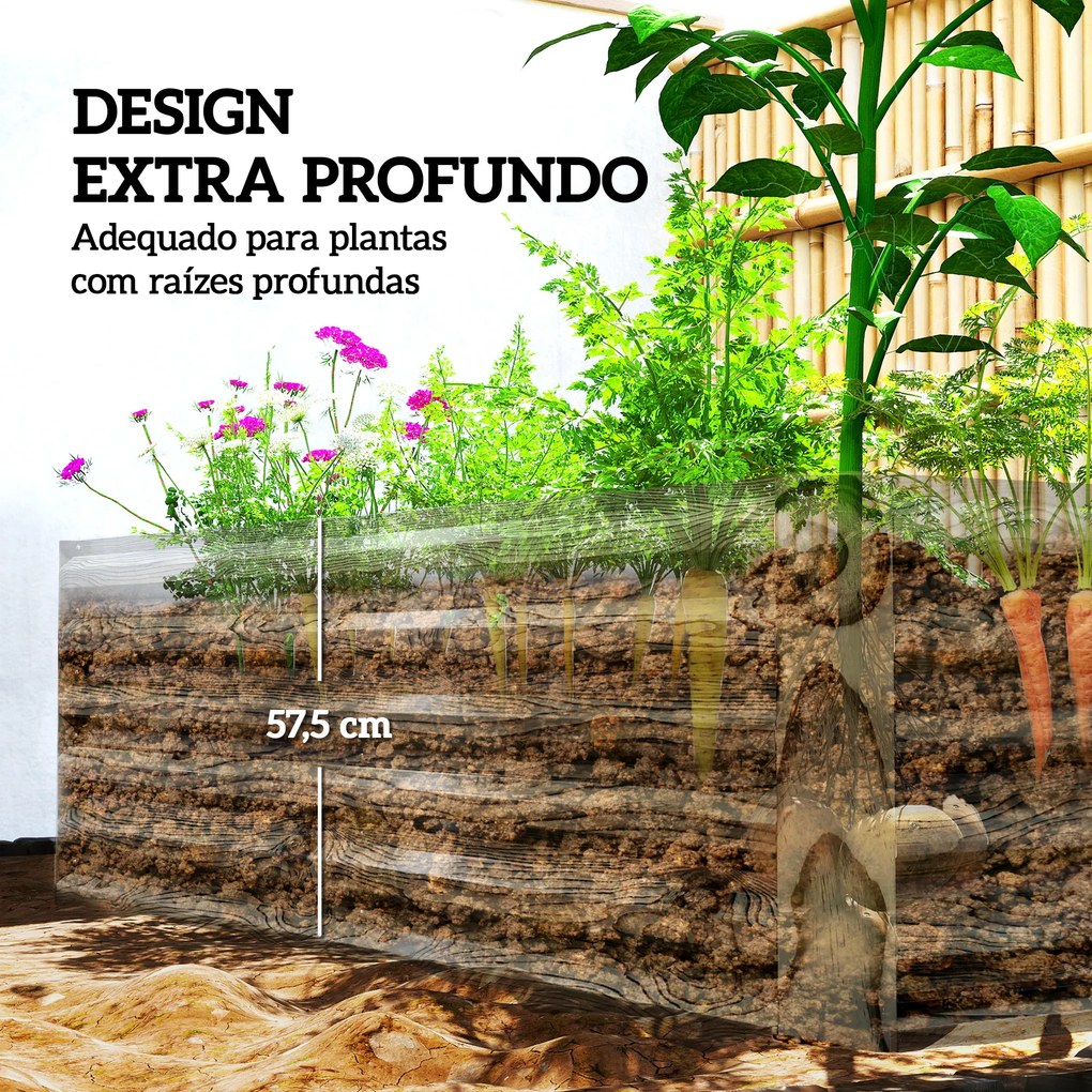 Floreira Exterior Grande Retangular de Aço Galvanizado para Terraço com Base Aberta 180x90x57,5 cm Madeira