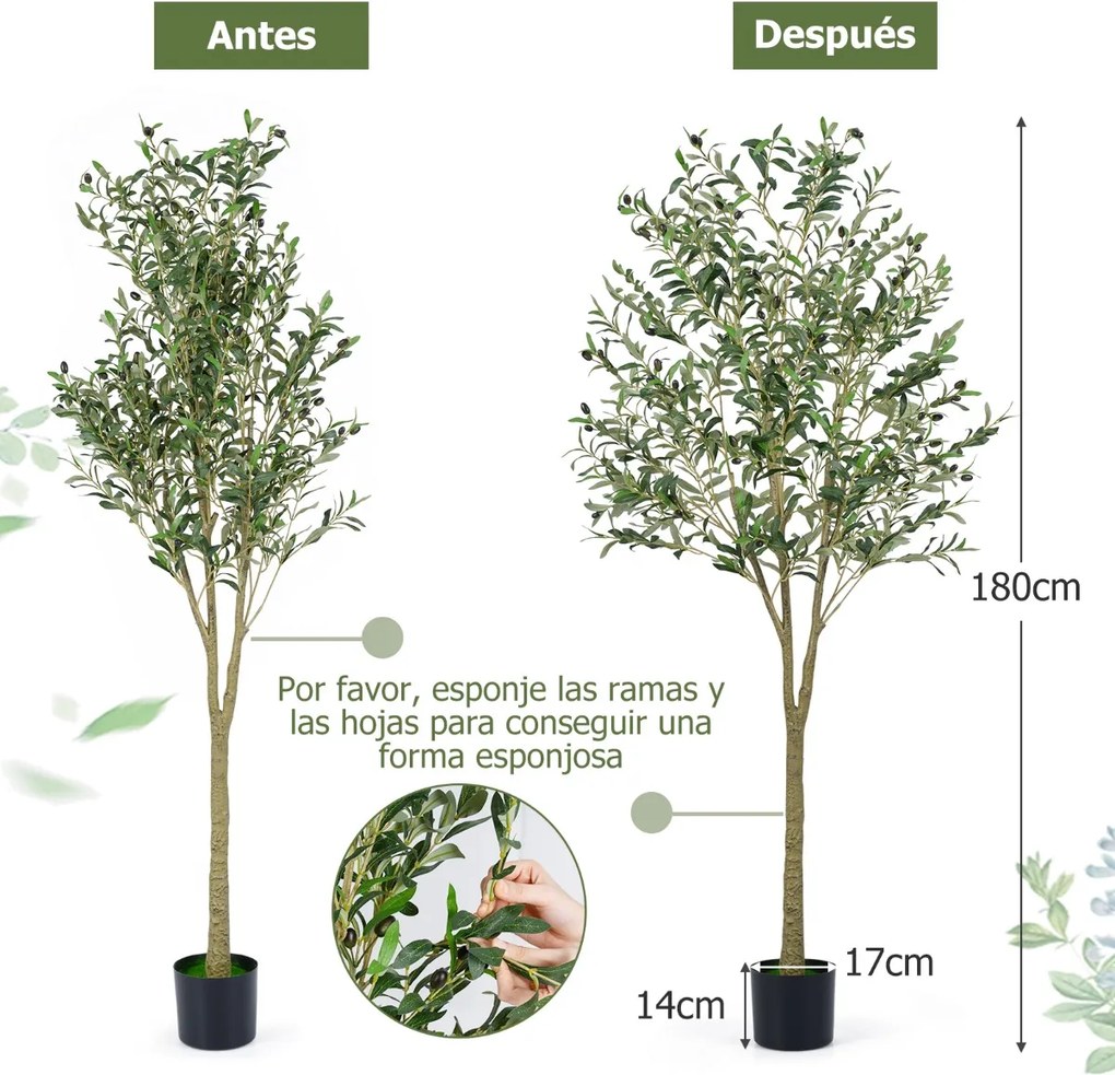 Conjunto de 2 oliveiras artificiais de 180 cm com vaso de plástico 1296 folhas 72 frutos Plantas verdes