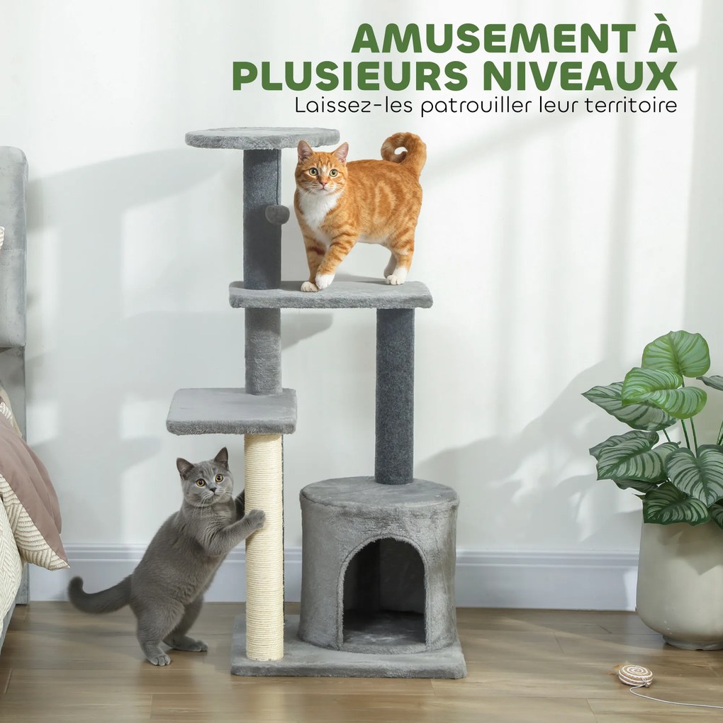 Arranhador para gatos com 103 cm de altura, plataformas, compartimentos abertos, casinha de peluche, bola de peluche, postes de sisal, base reforçada,