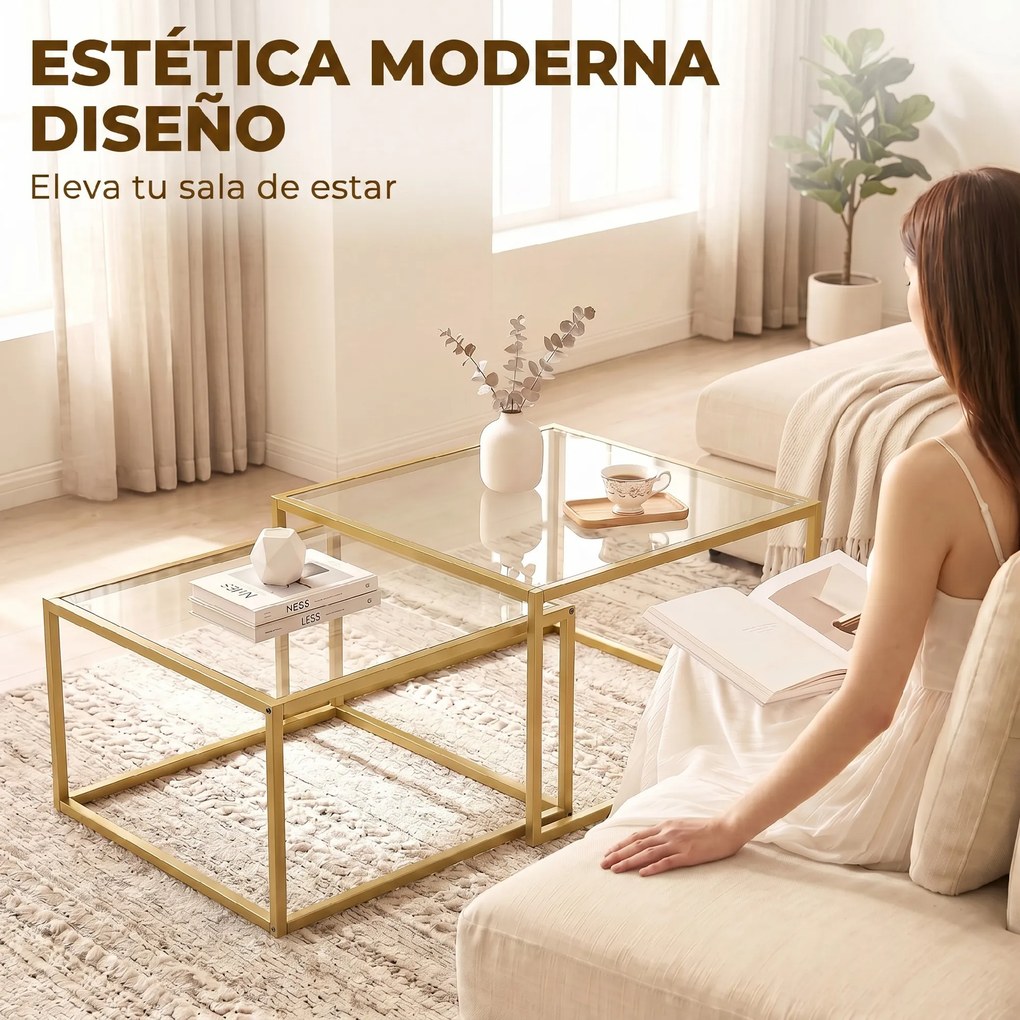 2 Mesas de Centro Ninho Modernas com Vidro Temperado e Estrutura Metálica 75x75x42 cm Dourado