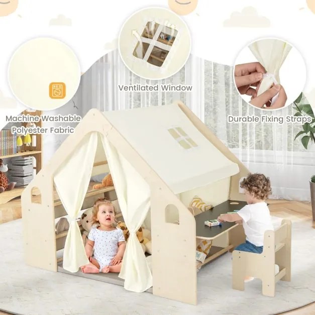Tenda de brincar para crianças 6 em 1 145 x 98 x 113 cm dos 2 aos 6 anos com quadro de madeira cortinas secretária mesa cadeira estante bege