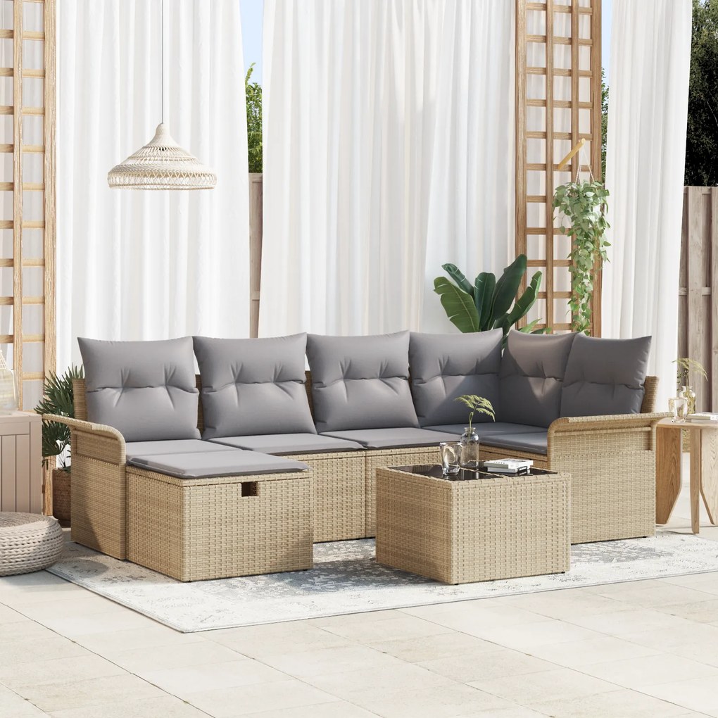 Conjunto de Sofás de Jardim de 7 peças com Almofadas Bege Poliratan
