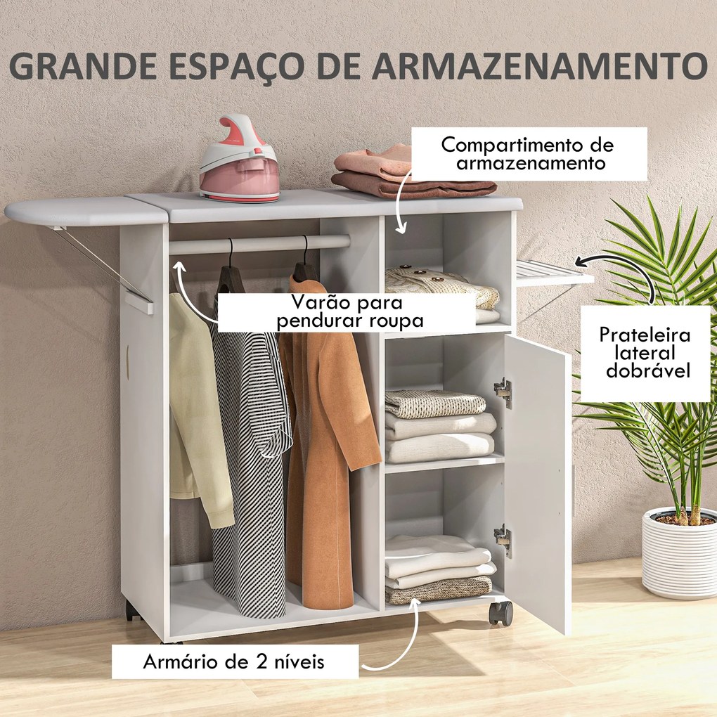 Móvel de Engomar de Madeira com Rodas Barra para Pendurar Roupa Prateleira Aberta e Tábua Dobrável 107x42,5x99 cm Branco