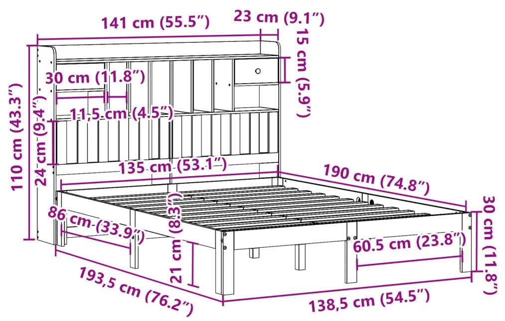 Cama com estante sem colchão 135x190 cm pinho maciço