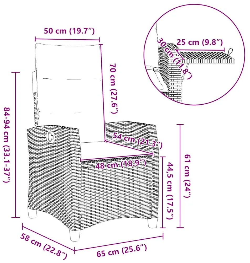 Cadeira de jardim reclinável com mesa de apoio vime PE cinzento