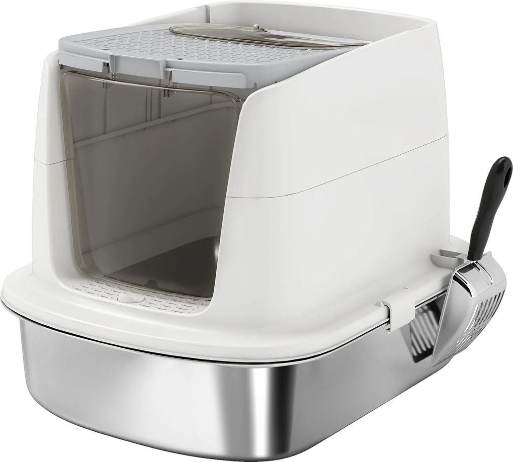 PawHut Caixa de Areia para Gatos em Aço Inoxidável L com Tampa Rebatível Pá Metálica Saco Desodorizante Fácil de Limpar Branco | Aosom Portugal