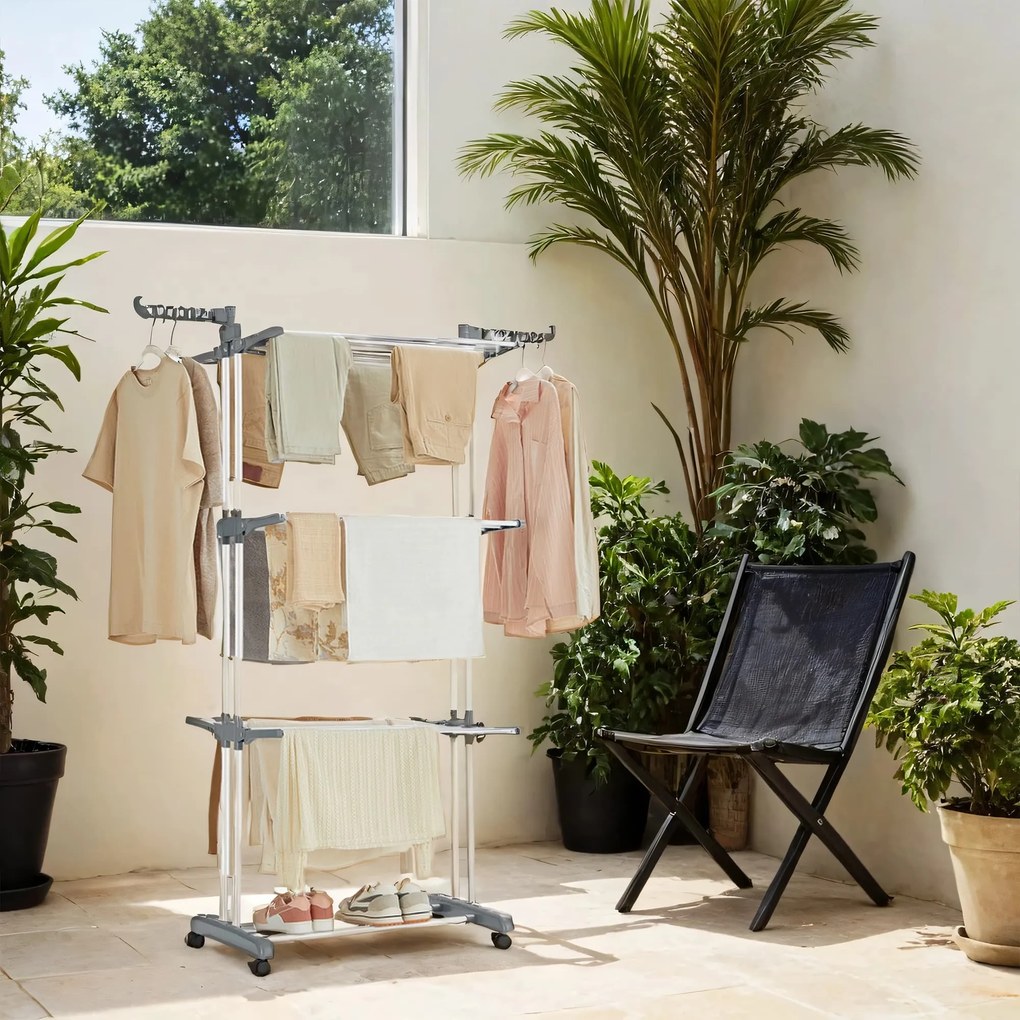 Estendal de roupa com 4 níveis, com abas dobráveis e rodas 63,5 x 128 x 173 cm branco