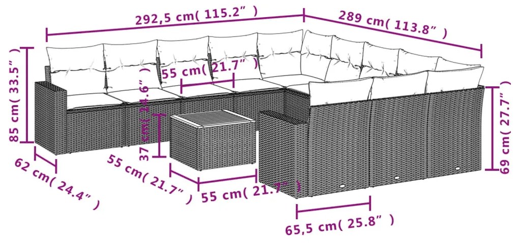 12 pcs conjunto de sofás p/ jardim com almofadões vime PE bege