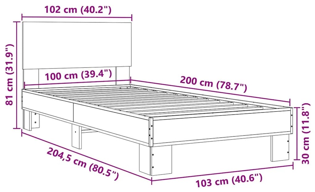 Estrutura de cama 100x200 cm derivados de madeira/metal preto