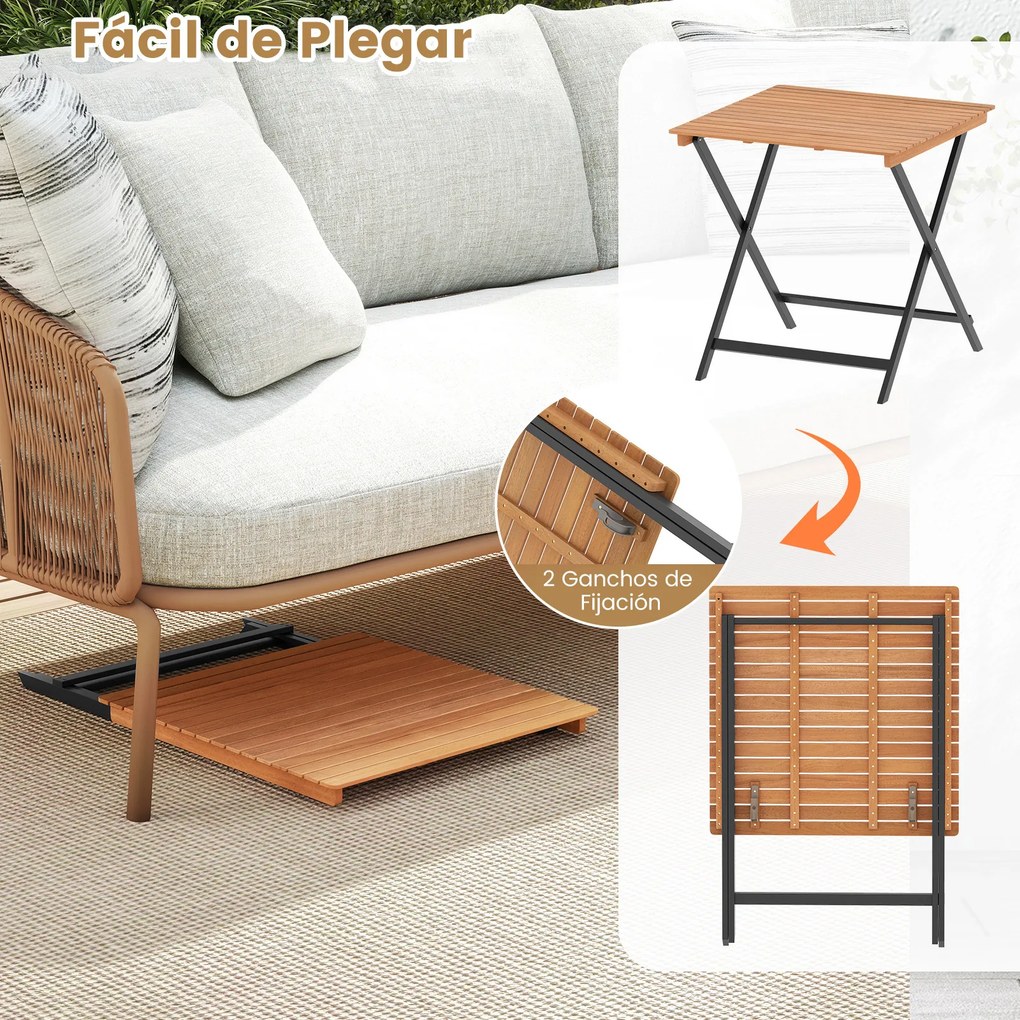 Mesa auxiliar jardim dobrável quadrada em madeira de acácia 70 x 70 x 73 cm com tampo de ripas e travessas reforçadas, portátil para pátio, terraço ou