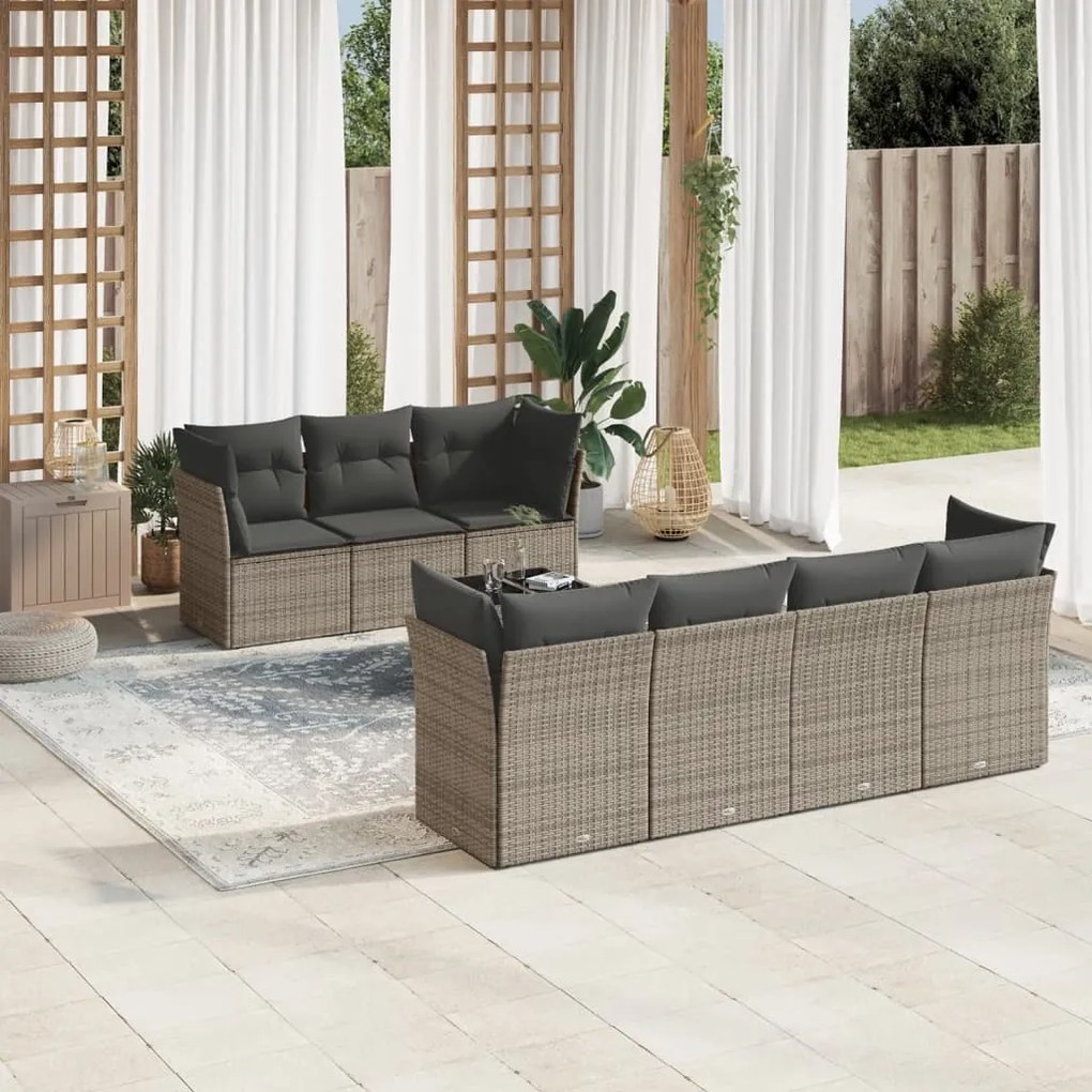 8 pcs conjunto sofás de jardim c/ almofadões vime PE cinzento